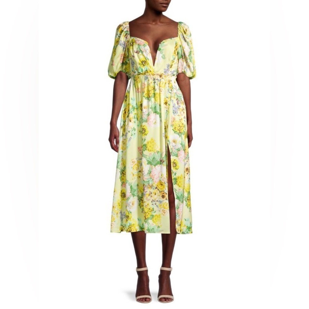 For Love‎ & Lemons || Leigh Floral Midi Dress Plunge V-Wire Yellow Small - Picture 11 of 12